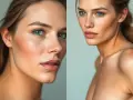 Dwie zbliżone fotografie twarzy kobiety z delikatnymi plamami po opalaniu natryskowym, podkreślającymi naturalny rumieniec i kontury.