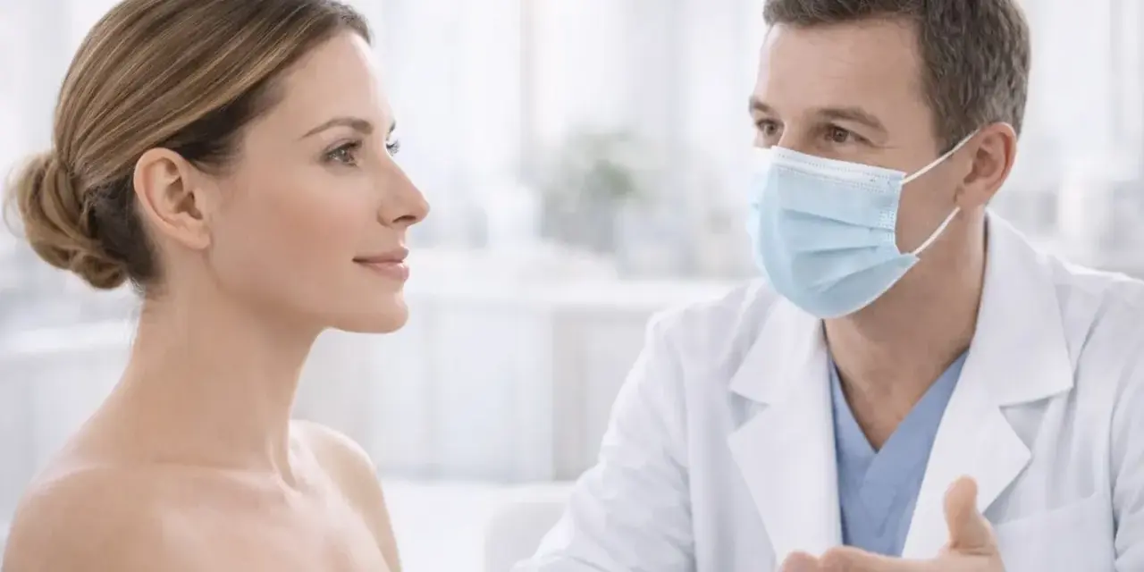 Lekarz w masce rozmawia z pacjentką o zmniejszeniu skrzydełek nosa.