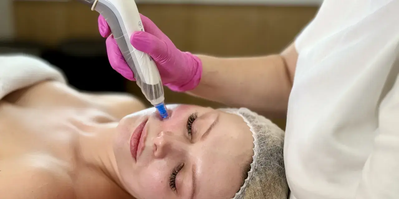 Zabieg dermapen na twarzy kobiety w ciąży, wykonywany przez kosmetyczkę w różowych rękawiczkach.