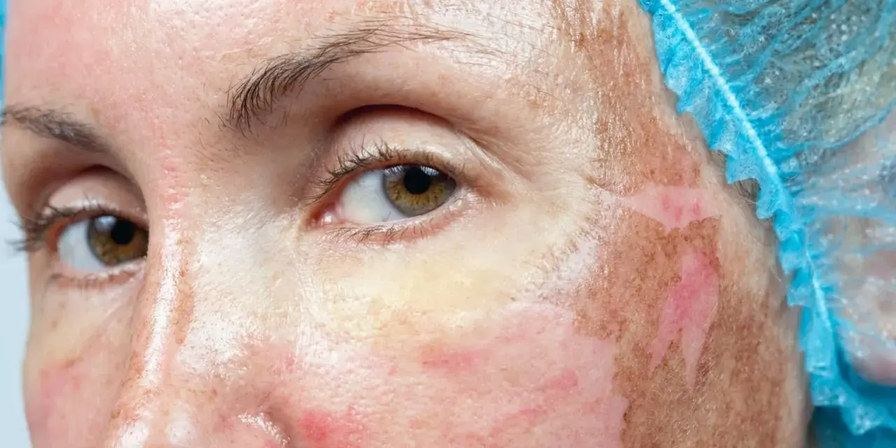 Skóra po zabiegu: peeling chemiczny na przebarwienia. Widoczne zaczerwienienie i złuszczanie naskórka.