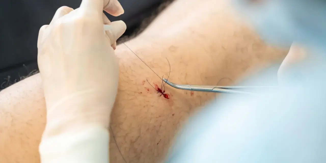 Chirurg zszywa ranę po usunięciu pieprzyka na nodze. Widoczna jest blizna i narzędzia chirurgiczne.