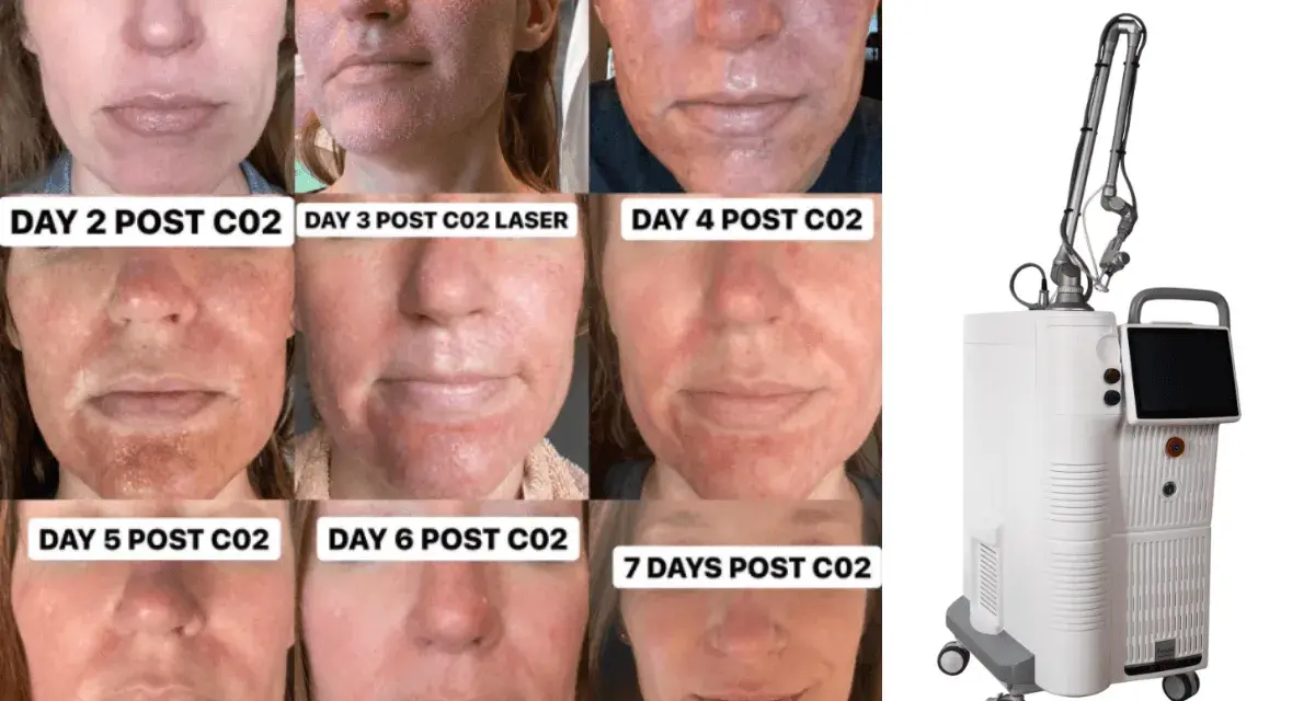 Postępy po zabiegu laserem CO2: od zaczerwienienia do wygojenia skóry w ciągu 7 dni. Obok urządzenie do laseroterapii.