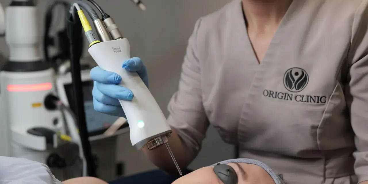 Zabieg laserem Fotona R35NX w Origin Clinic. Widoczna głowica lasera i pacjentka w okularach ochronnych. Oczekiwane spektakularne efekty odmładzające.