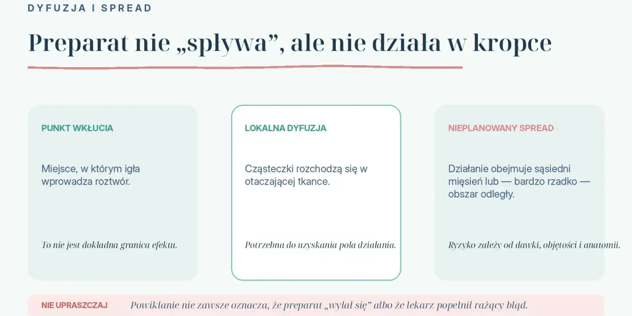 Preparat nie spływa, ale nie działa w kropce. Opisuje punkt wkłucia, lokalną dyfuzję i nieplanowany spread, wyjaśniając, co osłabia działanie botoksu.
