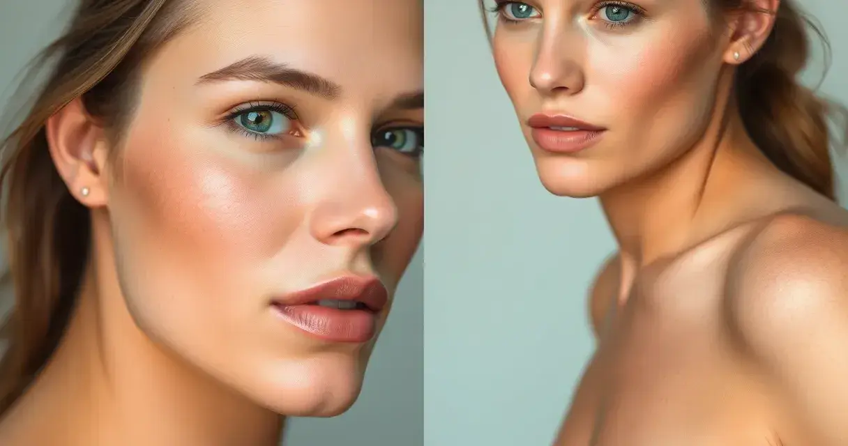 Dwie zbliżone fotografie twarzy kobiety z delikatnymi plamami po opalaniu natryskowym, podkreślającymi naturalny rumieniec i kontury.