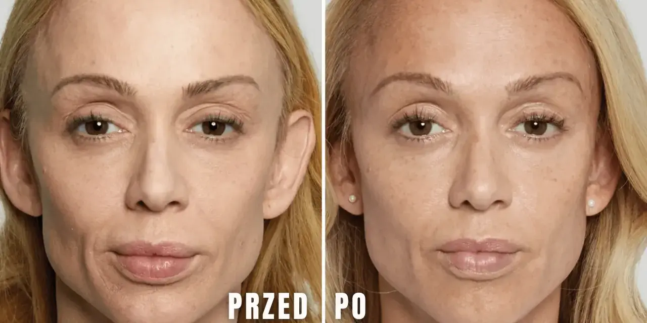 Przed i po zabiegu Sculptra. Zmarszczki wokół ust i oczu są mniej widoczne. Brak informacji o skutkach ubocznych.
