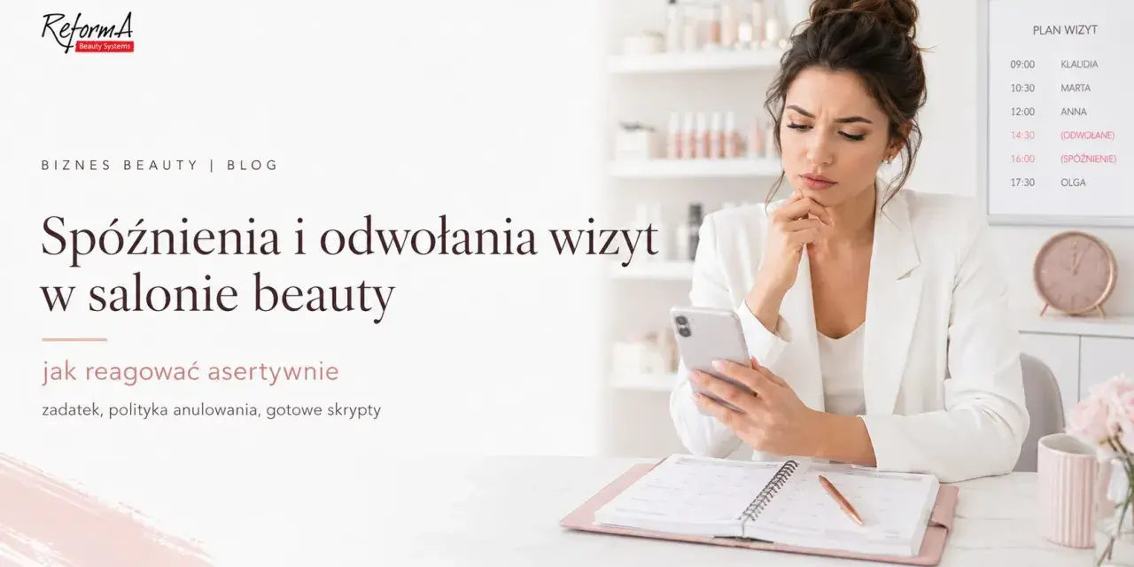 Kobieta zmartwiona przegląda telefon, na tablicy widnieje "Spóźnienia i odwołania wizyt". To inspiracja do pozytywny komentarz dla kosmetyczki.