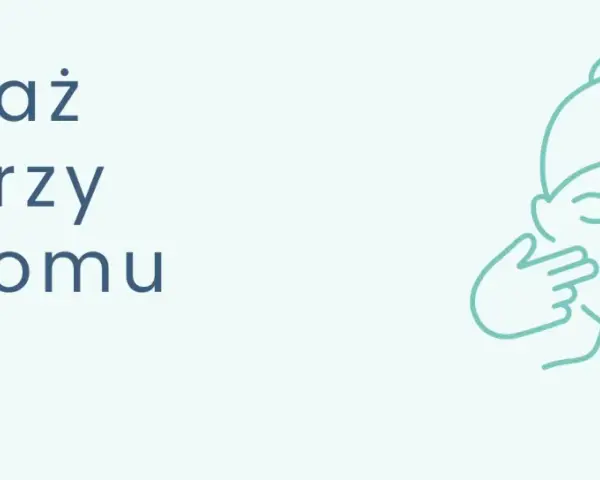 Ilustracja przedstawia tekst "Masaż Twarzy W Domu" i schematyczną twarz z dłońmi wykonującymi delikatny masaż.