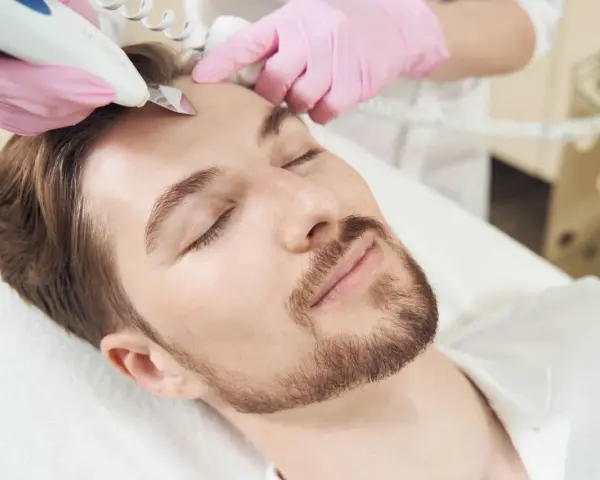Mężczyzna poddaje się zabiegowi pielęgnacyjnemu twarzy, który jest częścią medycyny stylu życia.