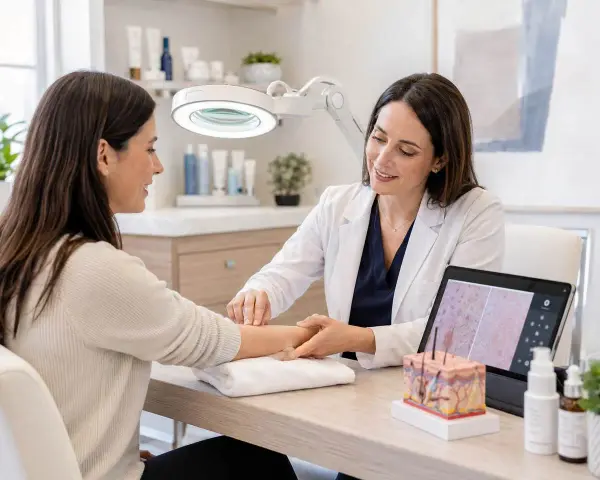Dermatolog, kto to? Lekarka bada skórę pacjentki, analizując ją na tablecie i modelu anatomicznym.