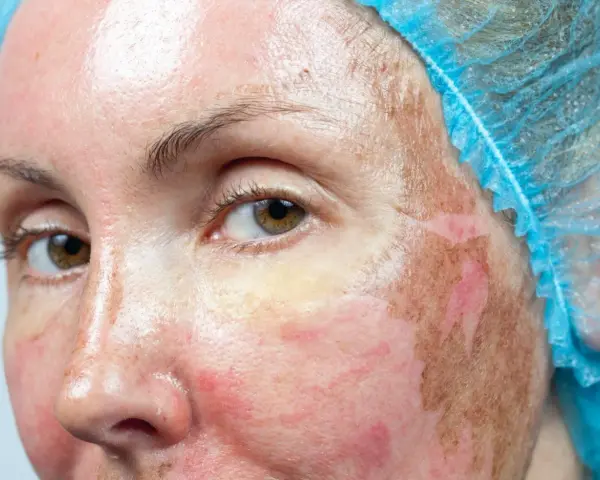 Skóra po zabiegu: peeling chemiczny na przebarwienia. Widoczne zaczerwienienie i złuszczanie naskórka.