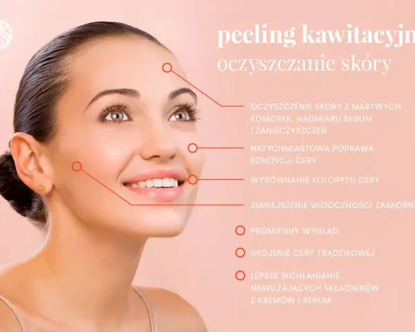 Kobieta z promienną cerą po zabiegach oczyszczających na twarz. Peeling kawitacyjny usuwa martwy naskórek i zanieczyszczenia.