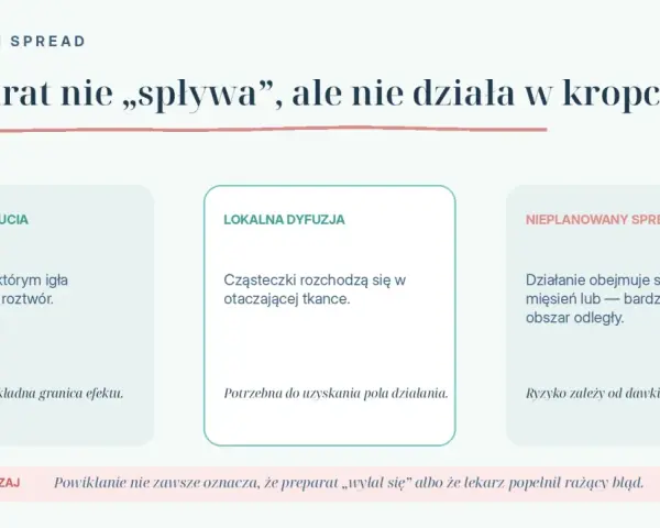 Preparat nie spływa, ale nie działa w kropce. Opisuje punkt wkłucia, lokalną dyfuzję i nieplanowany spread, wyjaśniając, co osłabia działanie botoksu.
