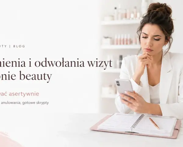 Kobieta zmartwiona przegląda telefon, na tablicy widnieje "Spóźnienia i odwołania wizyt". To inspiracja do pozytywny komentarz dla kosmetyczki.