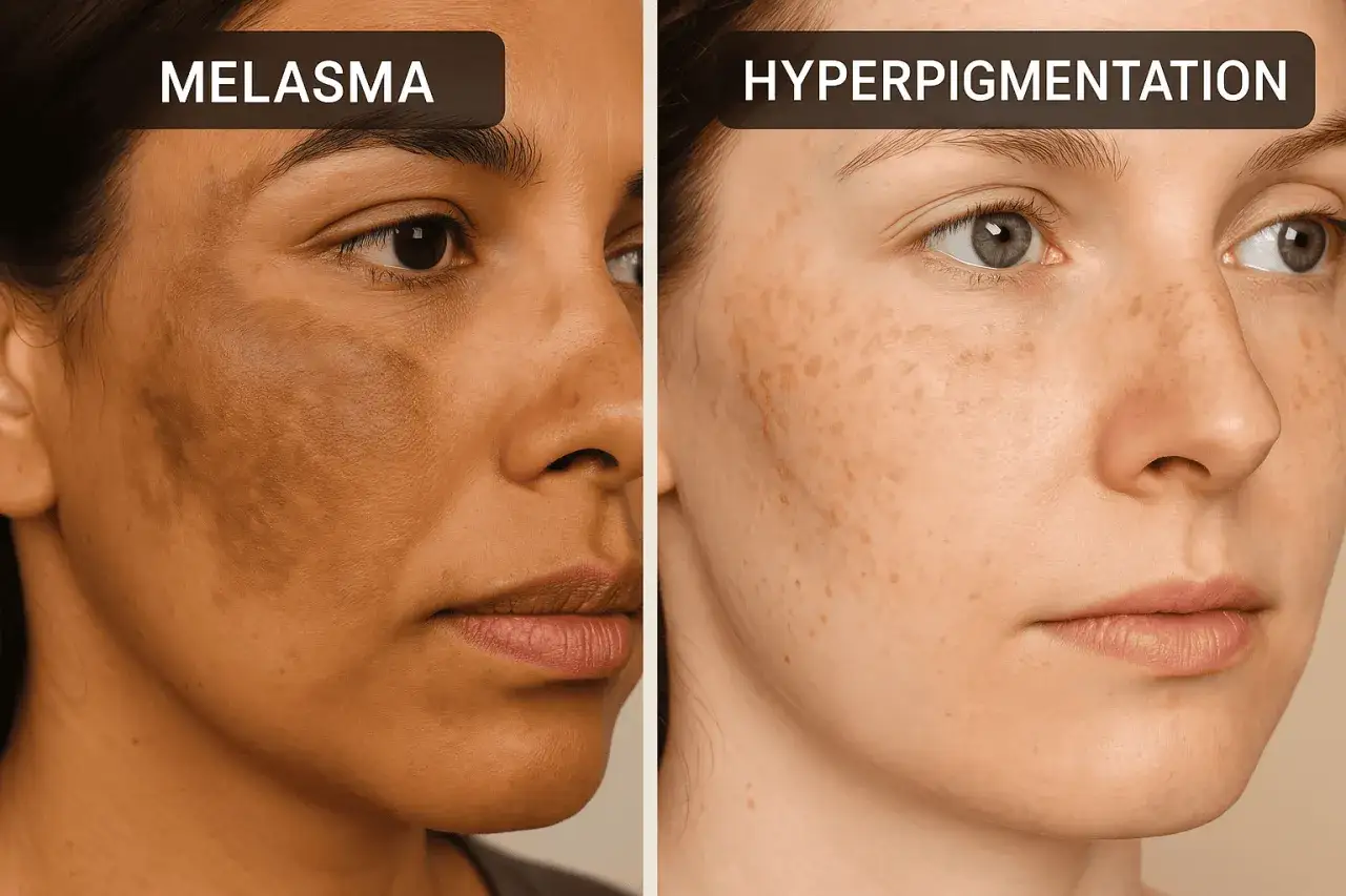 Porównanie skóry: po lewej melasma, ciemna plama na skórze po prawej, liczne przebarwienia.