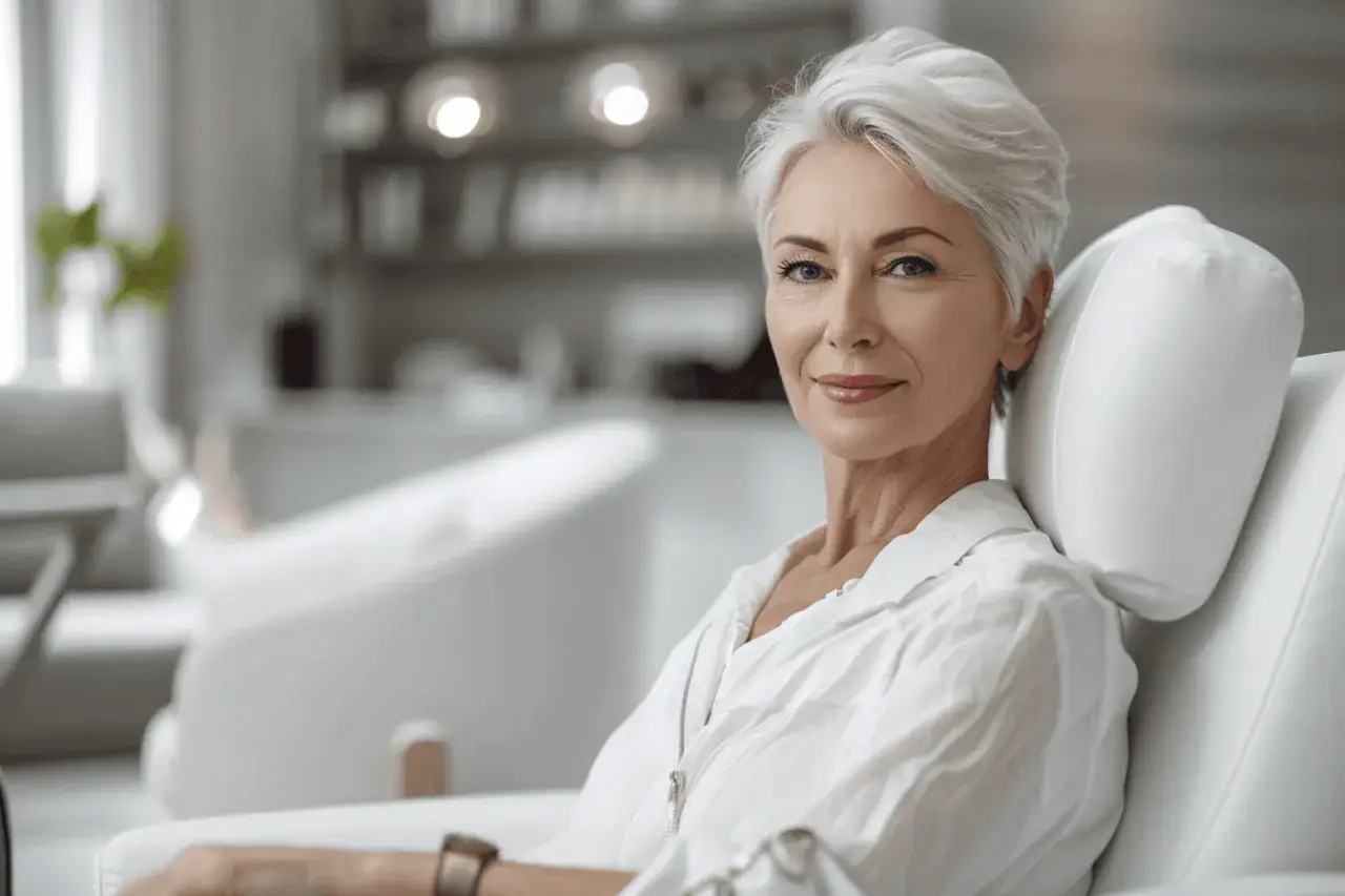 Elegancka 70-latka w białej koszuli, zastanawiająca się nad zabiegami na twarz.
