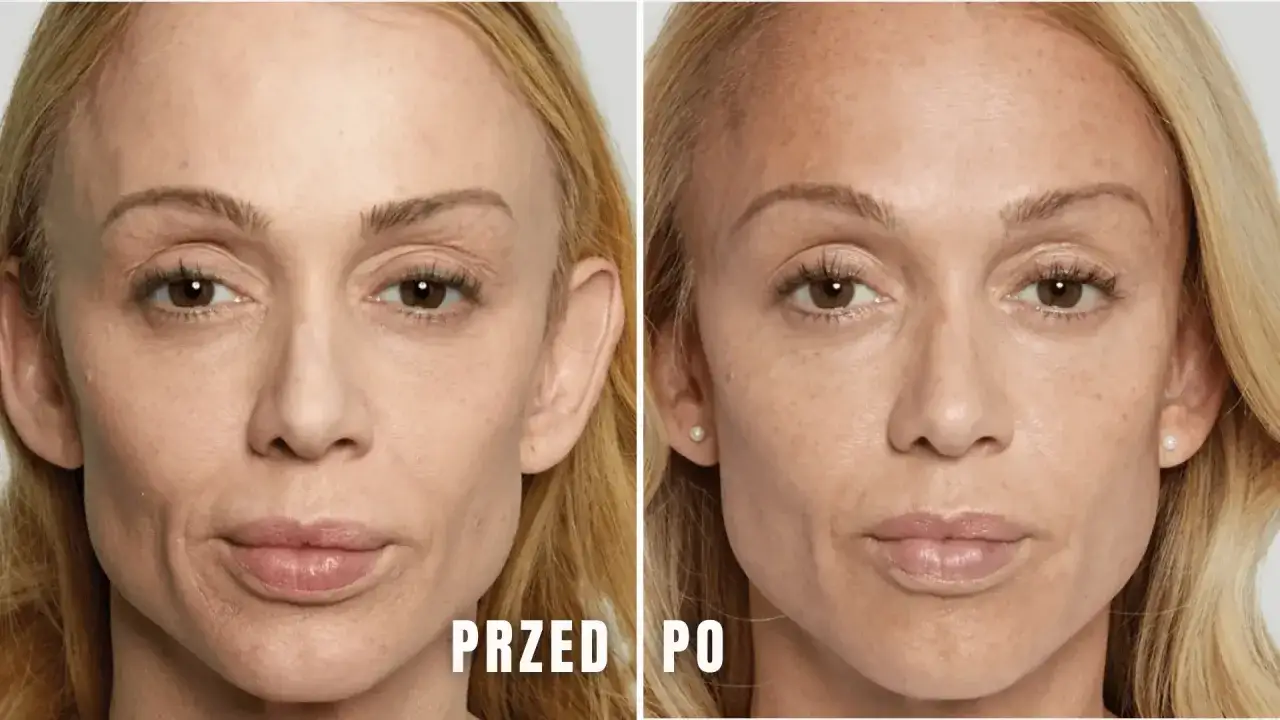 Porównanie twarzy przed i po zabiegu. Brak widocznych skutków ubocznych Sculptra, skóra wygląda na odmłodzoną.