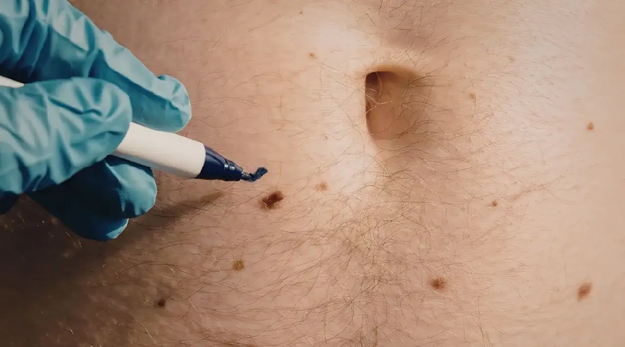 Lekarz w niebieskiej rękawiczce zaznacza markerem pieprzyk na skórze brzucha, gdzie widoczne są liczne wykwity.