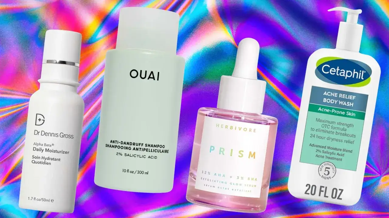 Produkty z kwasami na trądzik: Dr Dennis Gross, OUAI, Herbivore Prism i Cetaphil Acne Relief Body Wash.