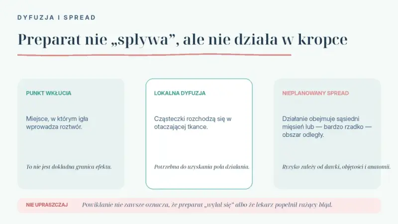 Preparat nie spływa, ale nie działa w kropce. Opisuje punkt wkłucia, lokalną dyfuzję i nieplanowany spread, wyjaśniając, co osłabia działanie botoksu.